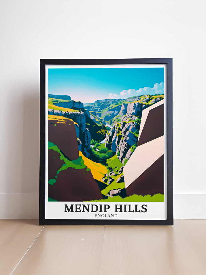 Featuring the Mendip Hills and the dramatic Cheddar Gorge, this travel print celebrates the scenic beauty of Somerset. A perfect gift or decorative piece for nature enthusiasts, this artwork brings the tranquility of the English countryside into your home.