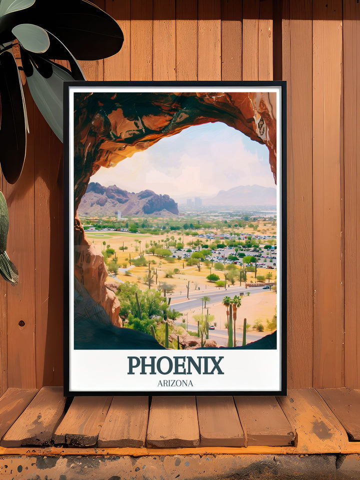 Hole in the Rock Wall Art capturing the breathtaking desert landscape of Papago Park and its ancient rock formations. This canvas art celebrates the iconic beauty of Phoenix, making it a perfect addition to your living space or office.