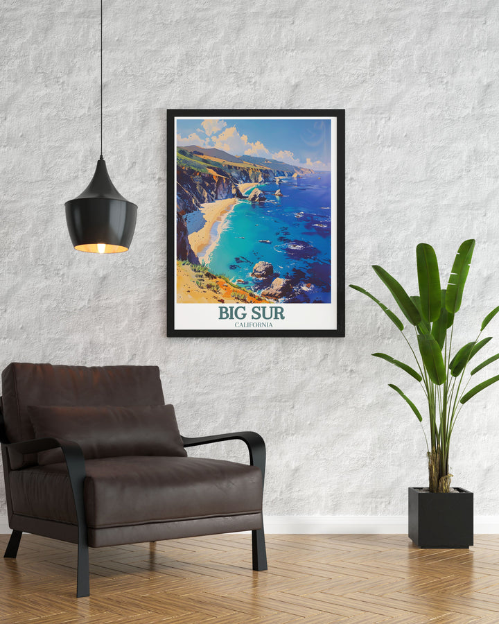 This art print captures the stunning beauty of Big Sur, California, featuring the iconic Bixby Creek Bridge and the dramatic Pacific coastline, perfect for adding a touch of coastal charm to your home decor.