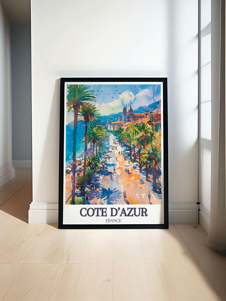 Bring the essence of the French Riviera into your home with this beautiful travel poster of the Promenade des Anglais, showcasing its luxurious promenade and scenic Mediterranean views.