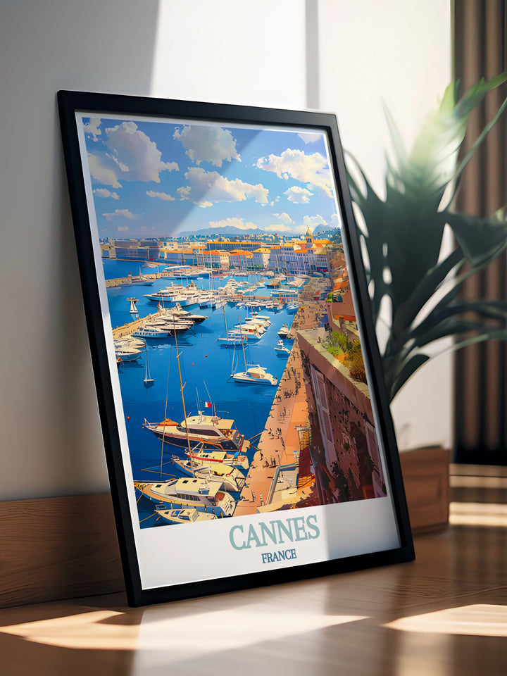 Captivating Le Vieux Port vintage print depicting the bustling ambiance of Cannes perfect for France art decor enthusiasts this France travel print adds a unique and stylish element to your home a great addition to any room that needs a touch of glamour