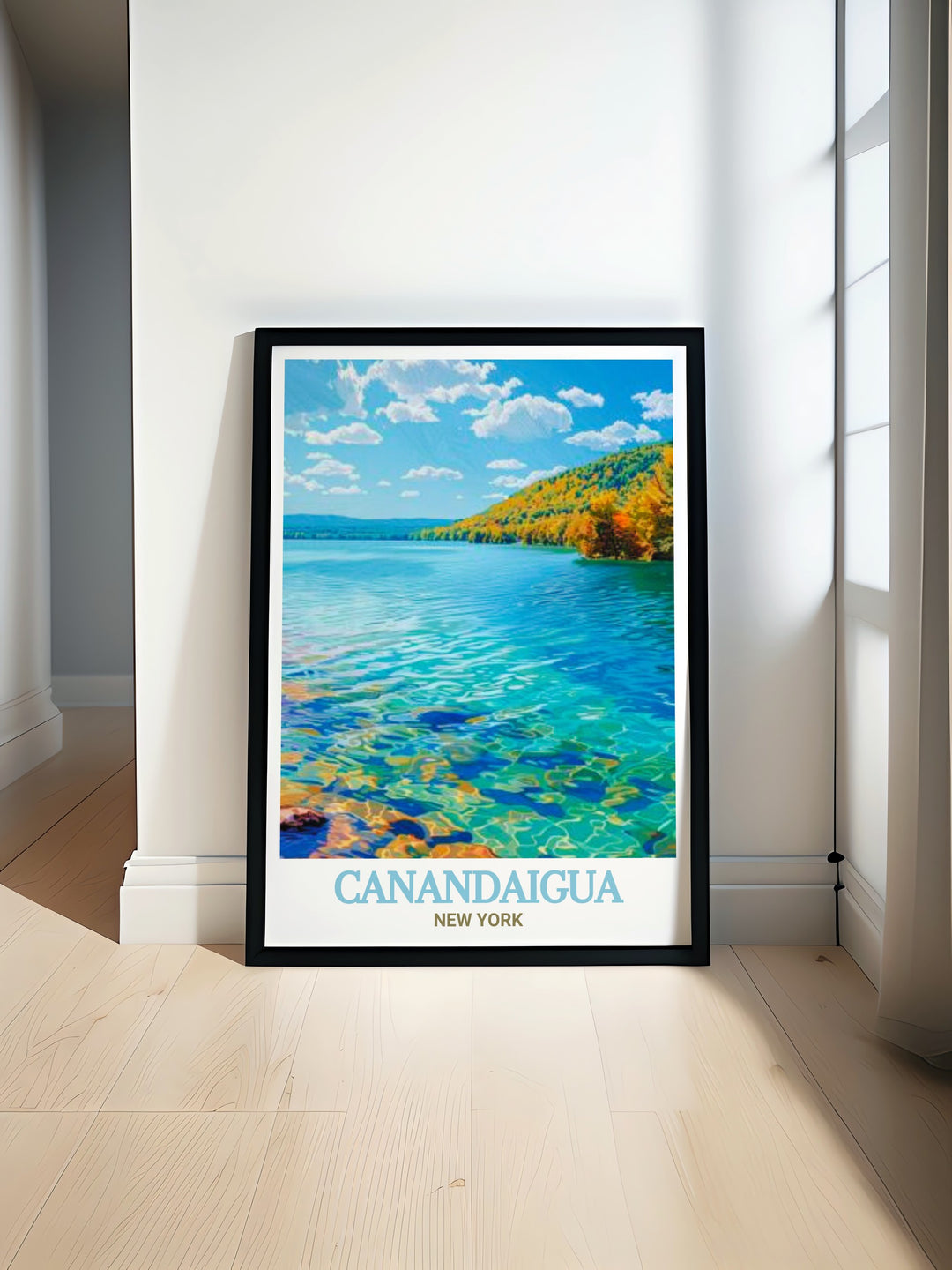 Scenic poster of Canandaigua Lake highlighting its serene landscapes and picturesque views. Ideal for those who appreciate natures beauty.