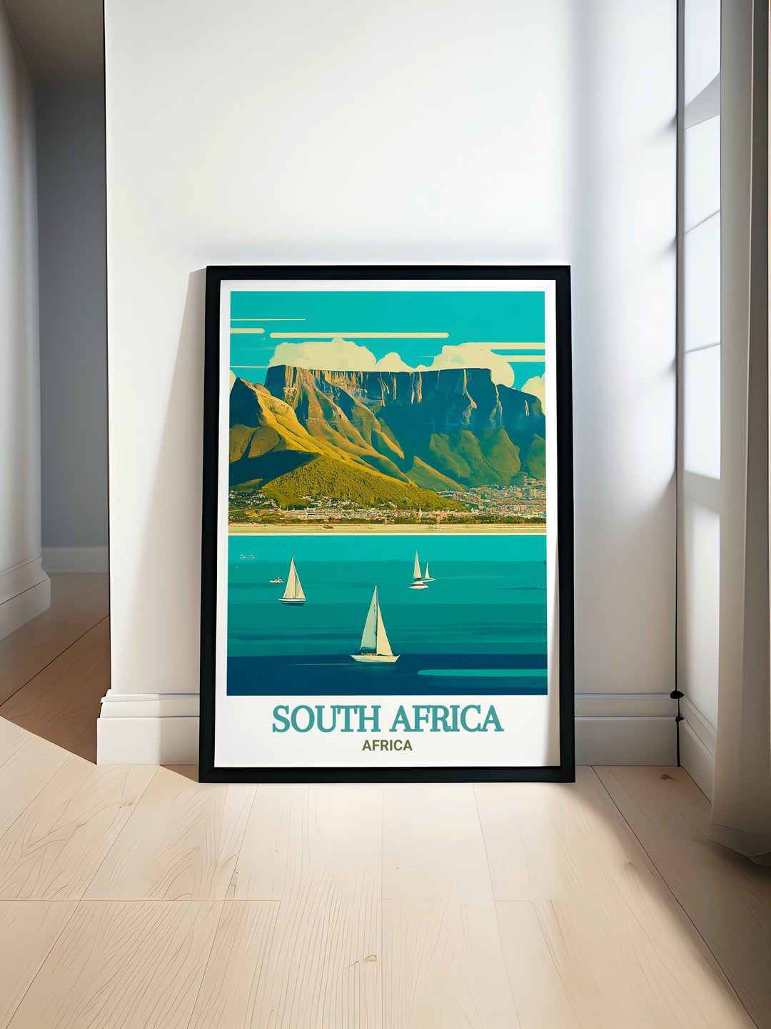 South Africa travel poster featuring the scenic landscapes of Table Mountain, Lions Head, and Cape Town. This print is a thoughtful gift for nature and adventure enthusiasts, capturing the essence of South Africas most iconic landmarks in vibrant detail.