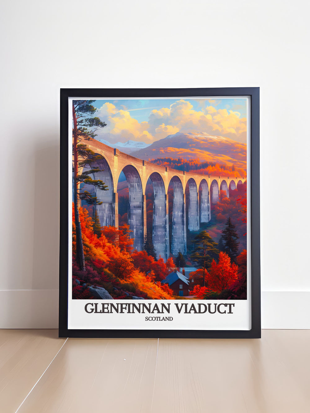 Gallery wall art of the Glenfinnan Viaduct in Scotland, highlighting its majestic arches and stunning highland backdrop, perfect for enhancing your home with a touch of historic charm.