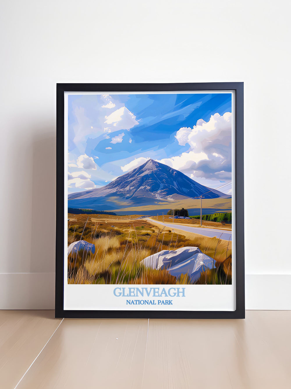 Scenic art piece of Mount Errigal, emphasizing its majestic peak and tranquil setting within Glenveagh National Park, ideal for those who love Irelands natural and historical beauty.