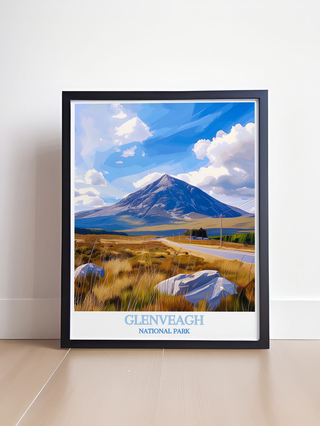 Scenic art piece of Mount Errigal, emphasizing its majestic peak and tranquil setting within Glenveagh National Park, ideal for those who love Irelands natural and historical beauty.