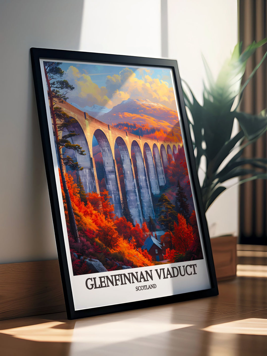 Detailed illustration of the Glenfinnan Viaduct, showcasing its iconic structure and the natural beauty of the Scottish Highlands, perfect for train enthusiasts and nature lovers.