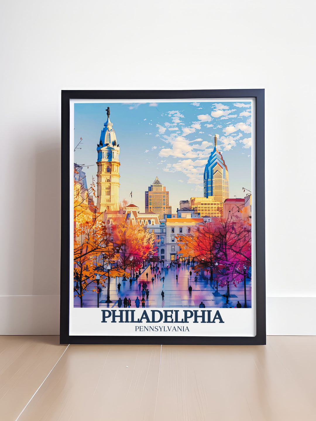 Exquisite Philadelphia travel print showcasing Independence National Historical Park Franklin Institute and City Hall a must have for anyone who appreciates historical landmarks and beautiful artwork