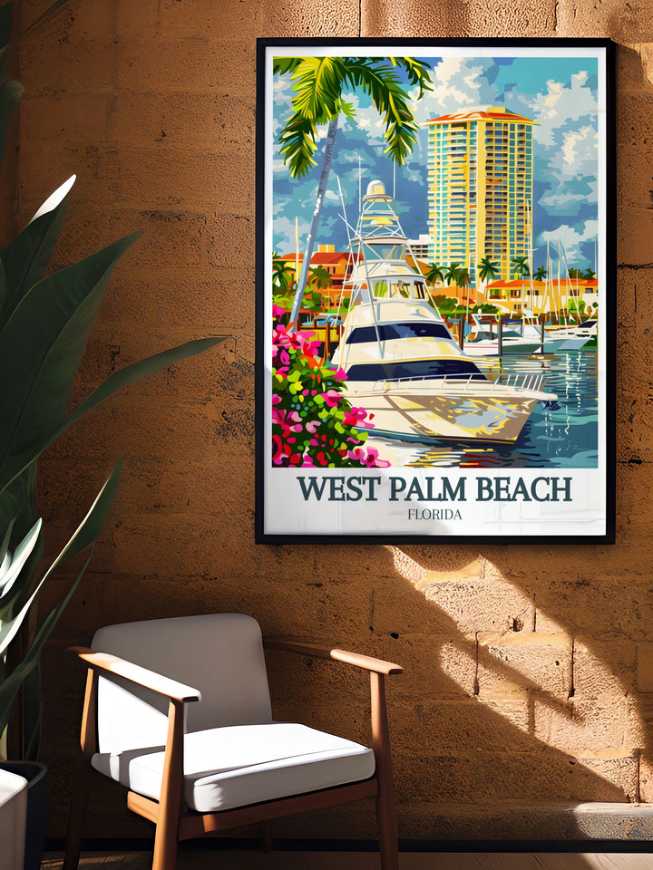 Stunning Florida artwork of Palm Harbor Marina South Florida this print brings the beauty of the marina to life with vibrant colors and a modern design perfect for enhancing any home or giving as a thoughtful gift for fans of West Palm Beach