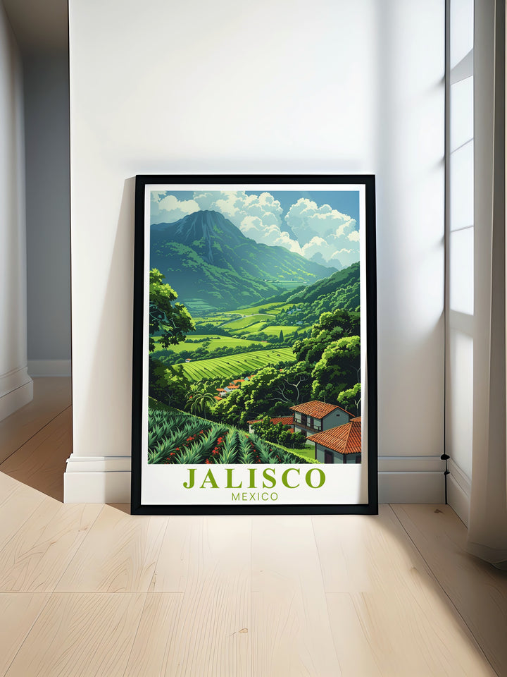 This Jalisco travel print highlights the iconic Tequila Landscape, offering a modern and stylish take on one of Mexicos most famous regions. A stunning addition to your home, this poster celebrates the beauty and history of Jalisco.