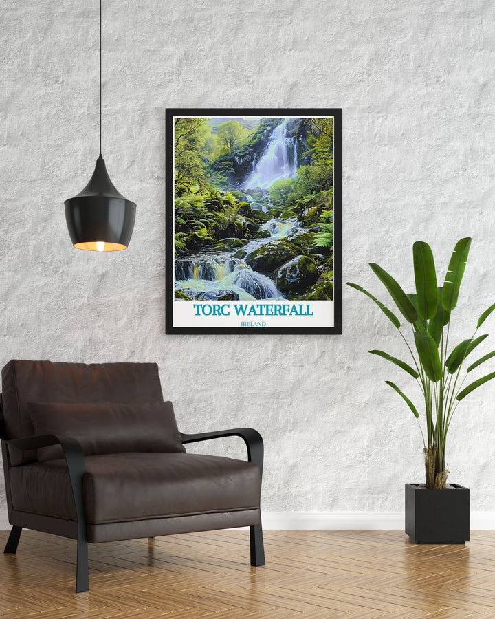 Showcase the adventure and breathtaking views of Torc Mountain with this detailed art print, capturing the essence of County Kerrys natural wonders.