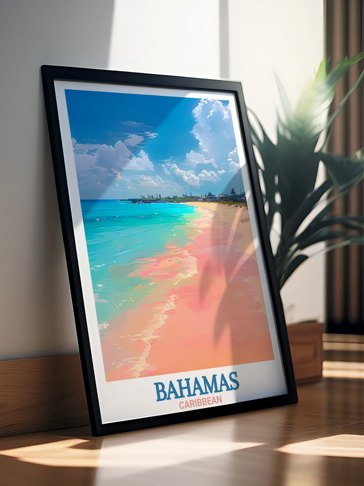 Bahamas Travel Print showcases the serene beauty of Pink Sands Beach, one of the Caribbeans most famous destinations. This wall art is perfect for adding a touch of island paradise to your home or as a thoughtful gift for anyone who loves the beach.