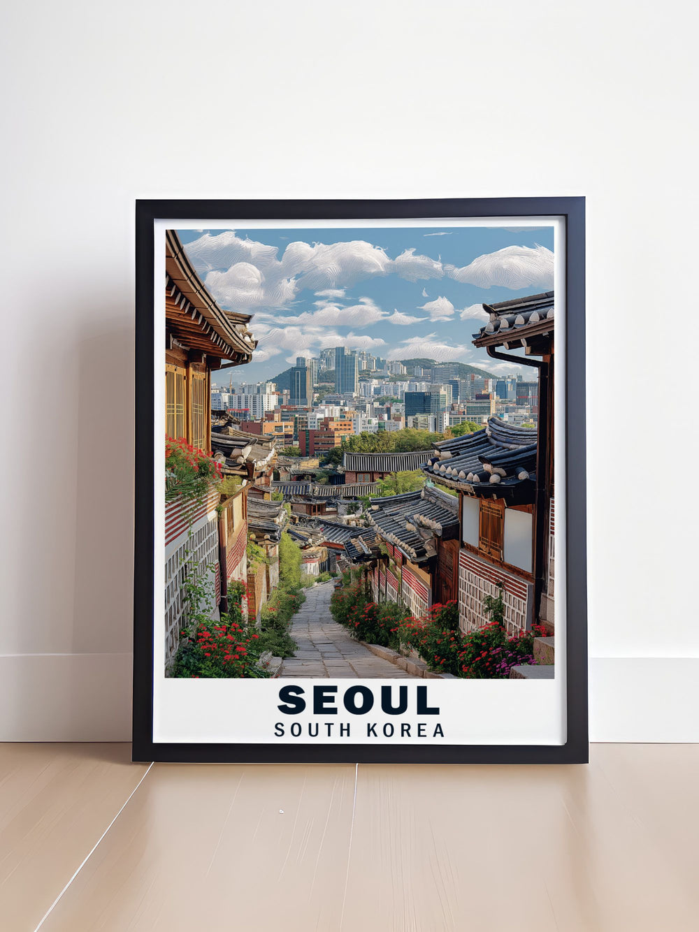 This poster of Seoul and Bukchon Hanok Village celebrates the unique blend of ancient traditions and modern innovations, highlighting the rich cultural heritage and dynamic cityscape of South Koreas capital.