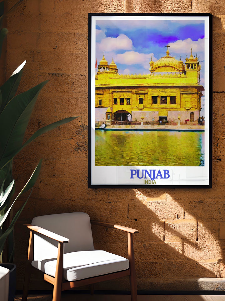 This detailed Punjab art print showcases the Golden Temple in all its golden splendor. A symbol of spirituality and peace, this travel print adds cultural richness to any room, making it an ideal gift for travelers and art enthusiasts.