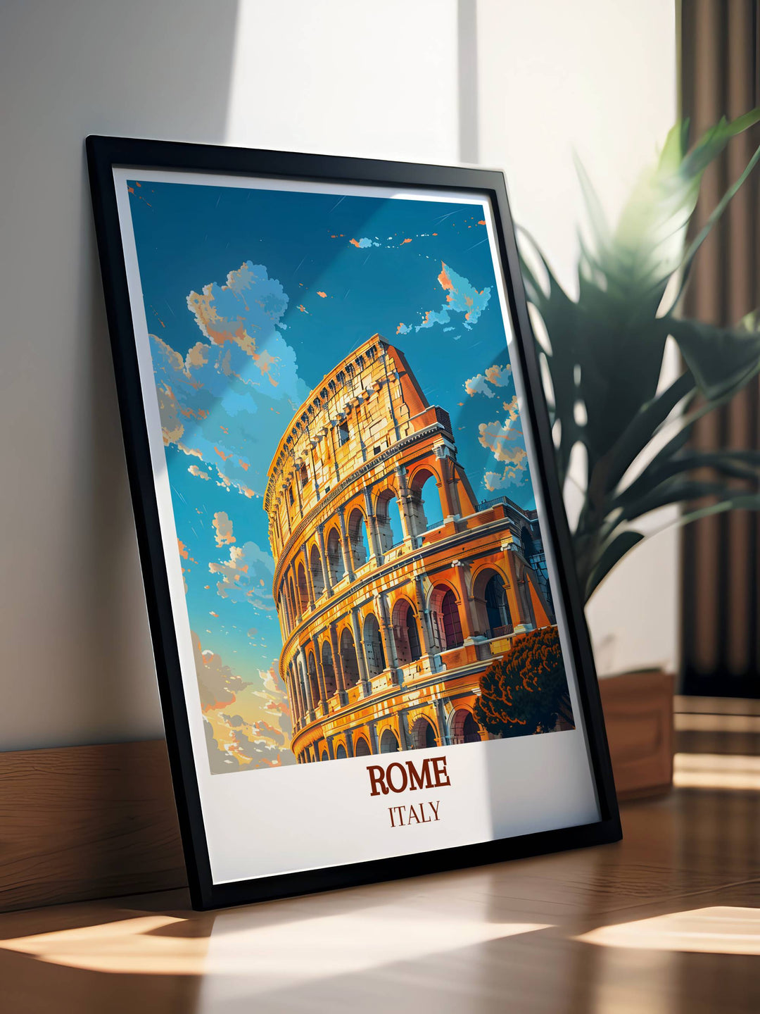 Modern Art of The Colosseum capturing the historic charm of Rome Italy. This beautiful wall decor piece is ideal for enhancing your living space or giving as a special travel gift.