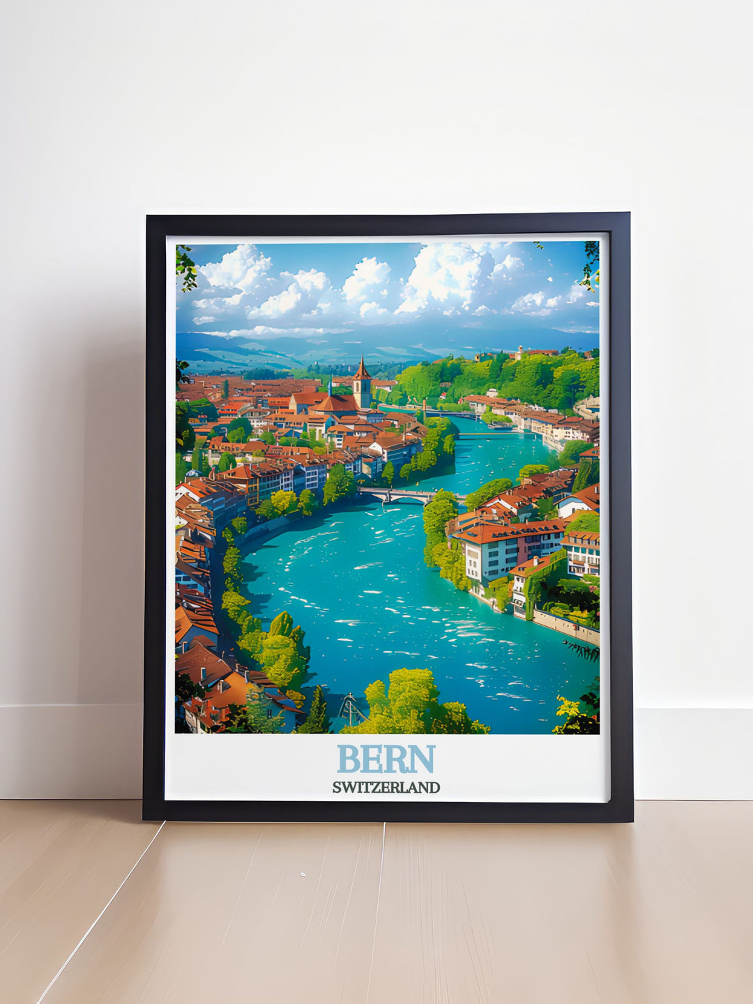 This vibrant travel poster showcases the stunning scenery of the Swiss Alps and the historic architecture of Bern, perfect for adding a touch of Switzerlands charm to your walls.