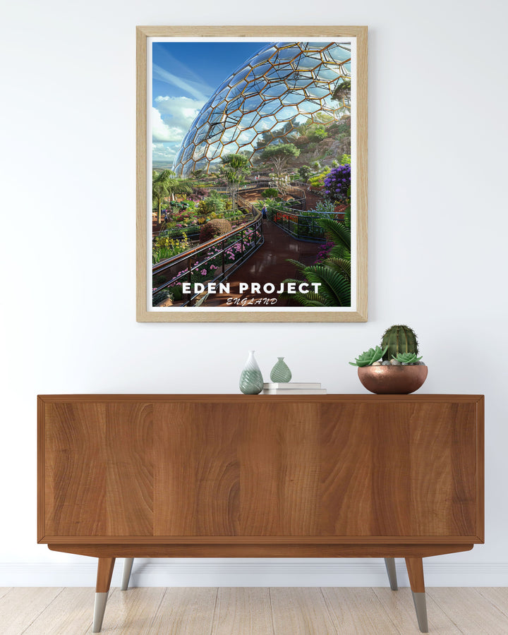 Eden Project home decor print showcasing the lush landscapes and architectural brilliance of this iconic site perfect for creating a serene and inspiring atmosphere in any room this print celebrates the natural beauty of the Eden Project.