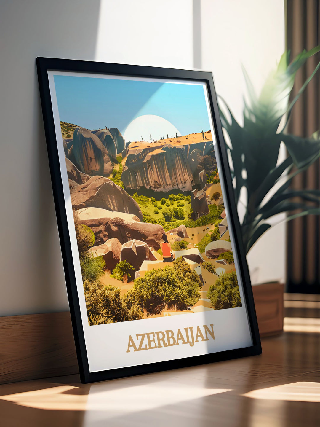 Gobustan National Park framed prints featuring intricate petroglyphs and the natural beauty of Azerbaijan ideal for enhancing your living room or office space this artwork combines modern design with historical significance making it a perfect gift for special occasions