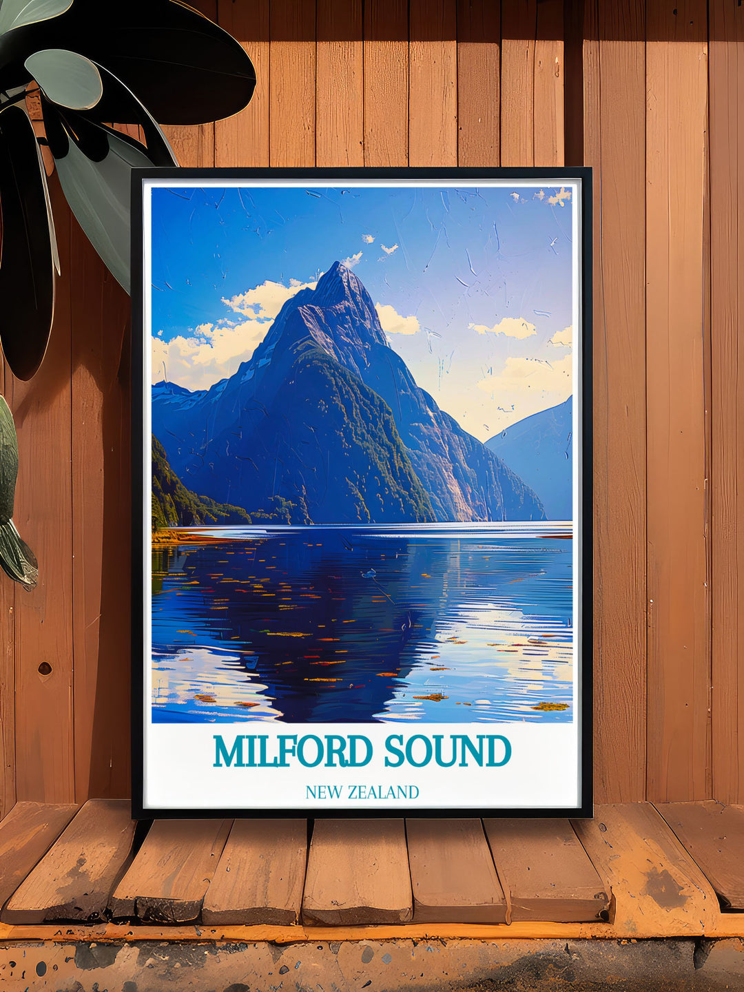 Travel poster of Milford Sound featuring the magnificent Mitre Peak, highlighting the dramatic and serene landscape of New Zealand. Ideal for adding a touch of natural elegance to any room.