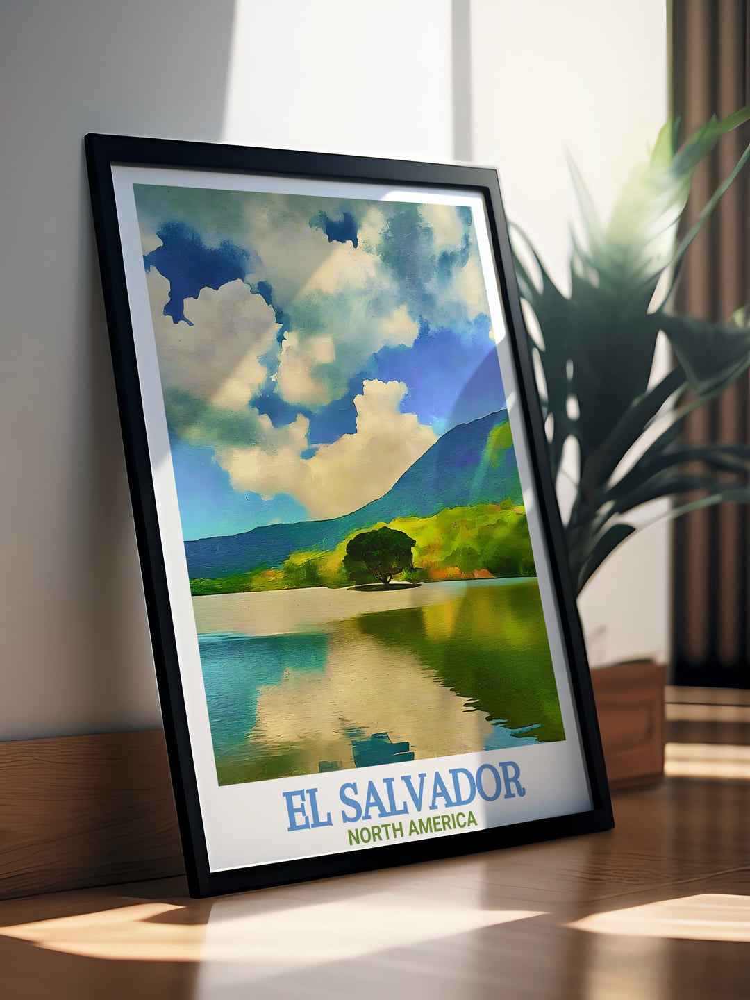Vintage poster of Lake Coatepeque featuring the stunning scenery of El Salvadors famous lake perfect for travel gifts and home decor bringing a touch of vintage charm and natural beauty into your living space with high quality craftsmanship