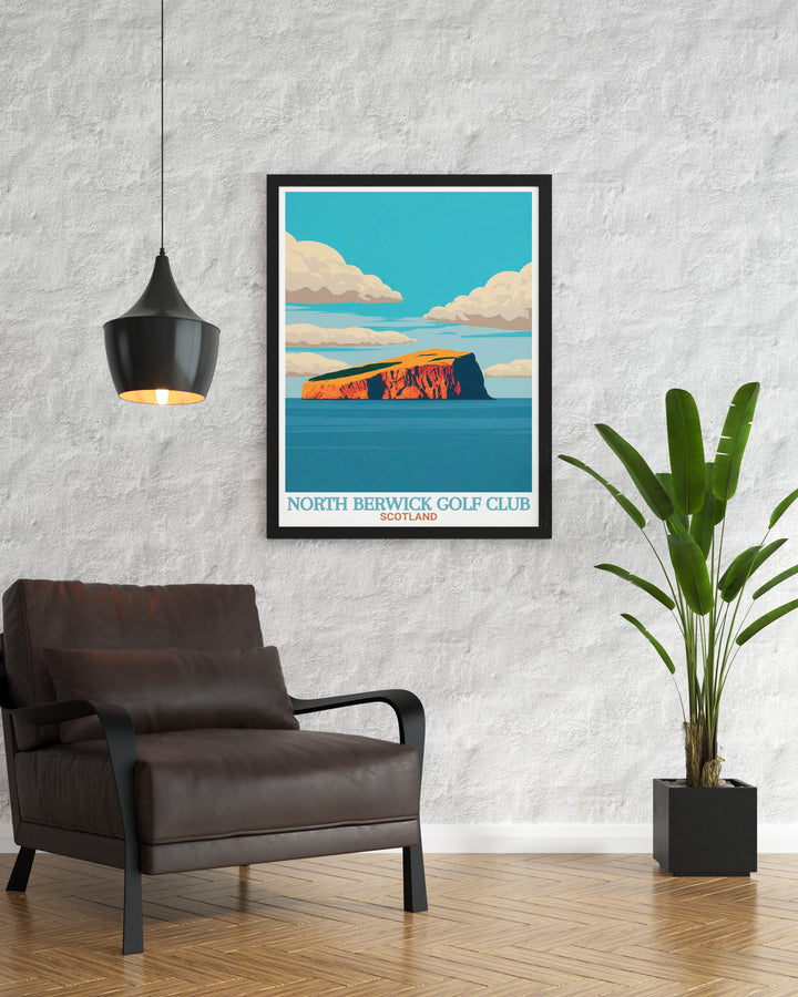 North Berwick Golf Club Poster Print showcasing the scenic links course with the dramatic backdrop of Bass Rock. This travel print highlights the beauty of Scotlands historic golf courses and rugged coastline, perfect for golf enthusiasts and nature lovers seeking stunning wall art.