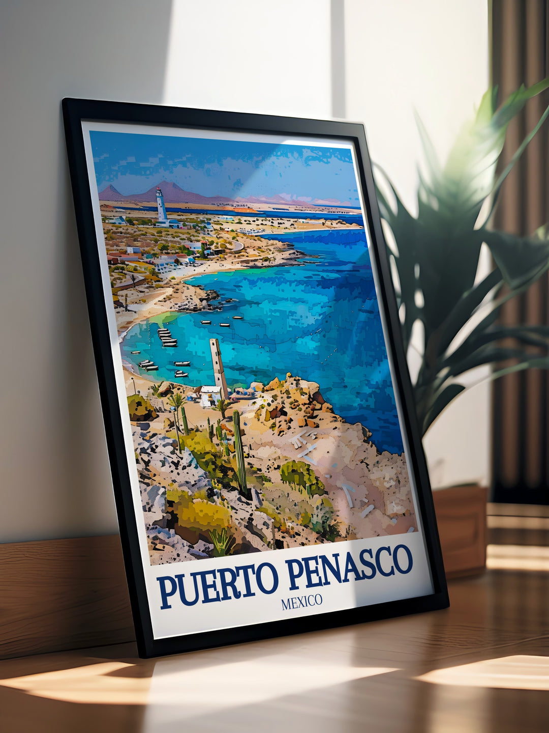 Capture the essence of Mexicos beach town with this Puerto Peñasco travel print, featuring Cholla Bays gentle waves and Rocky Bays rugged coastline. This wall art is a perfect addition to any room, adding a touch of tropical beauty and relaxation.