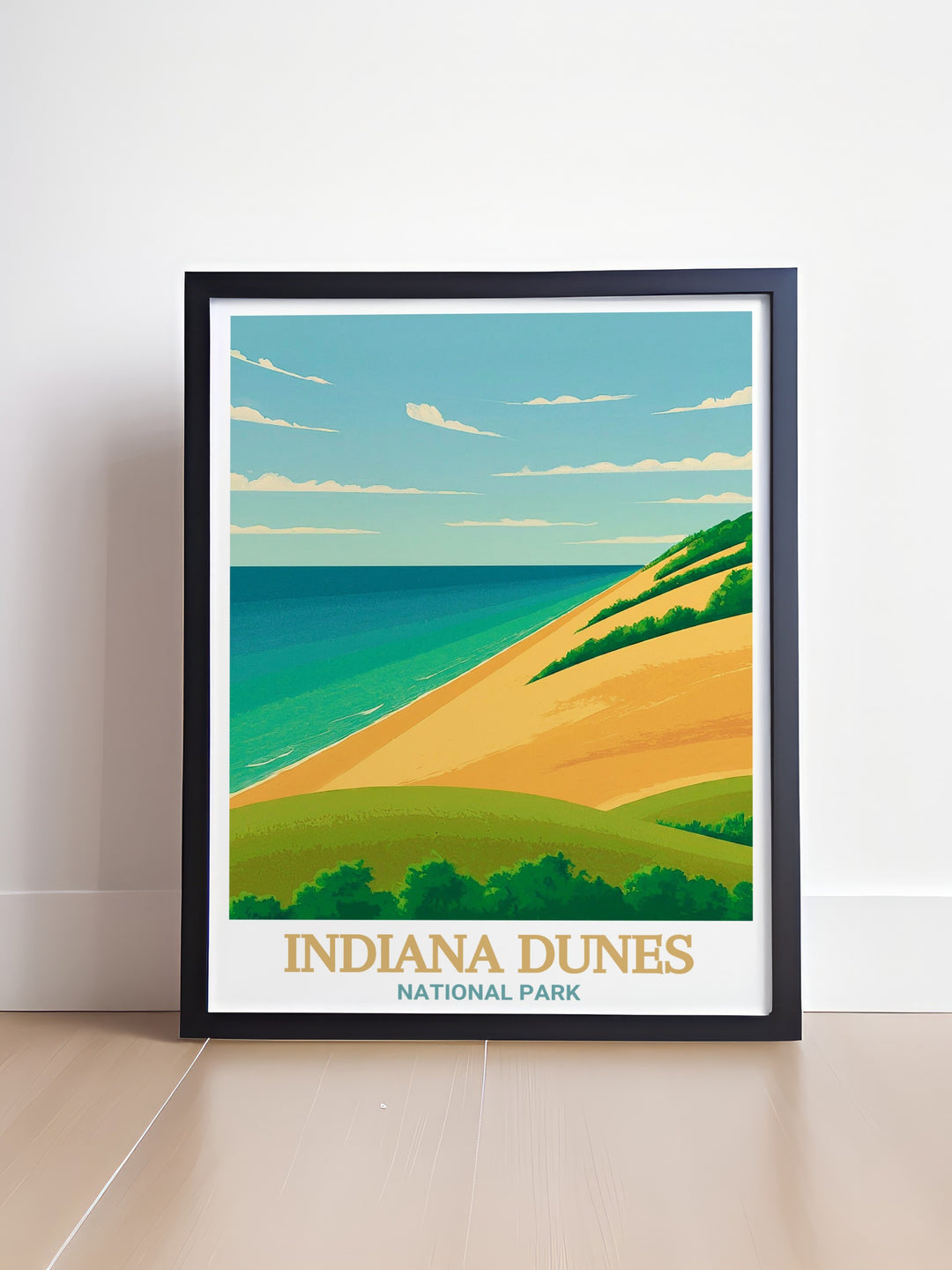 Capture the essence of Indiana Dunes State Park with this artistic travel print. Perfect for home décor, this poster showcases the parks majestic sand dunes and lakeside views, offering a unique way to celebrate Americas national parks.