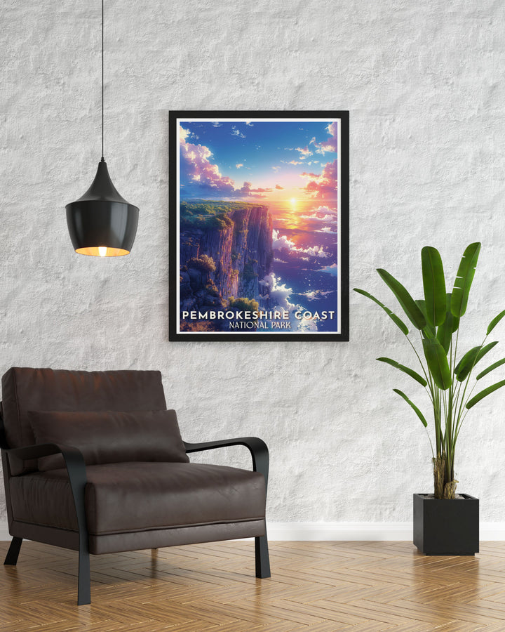Cliff prints capturing the dramatic beauty of Pembrokeshire Wales with vintage travel art style showcasing the natural wonders of UK national parks ideal for enhancing your home decor or as a thoughtful gift for travel enthusiasts.