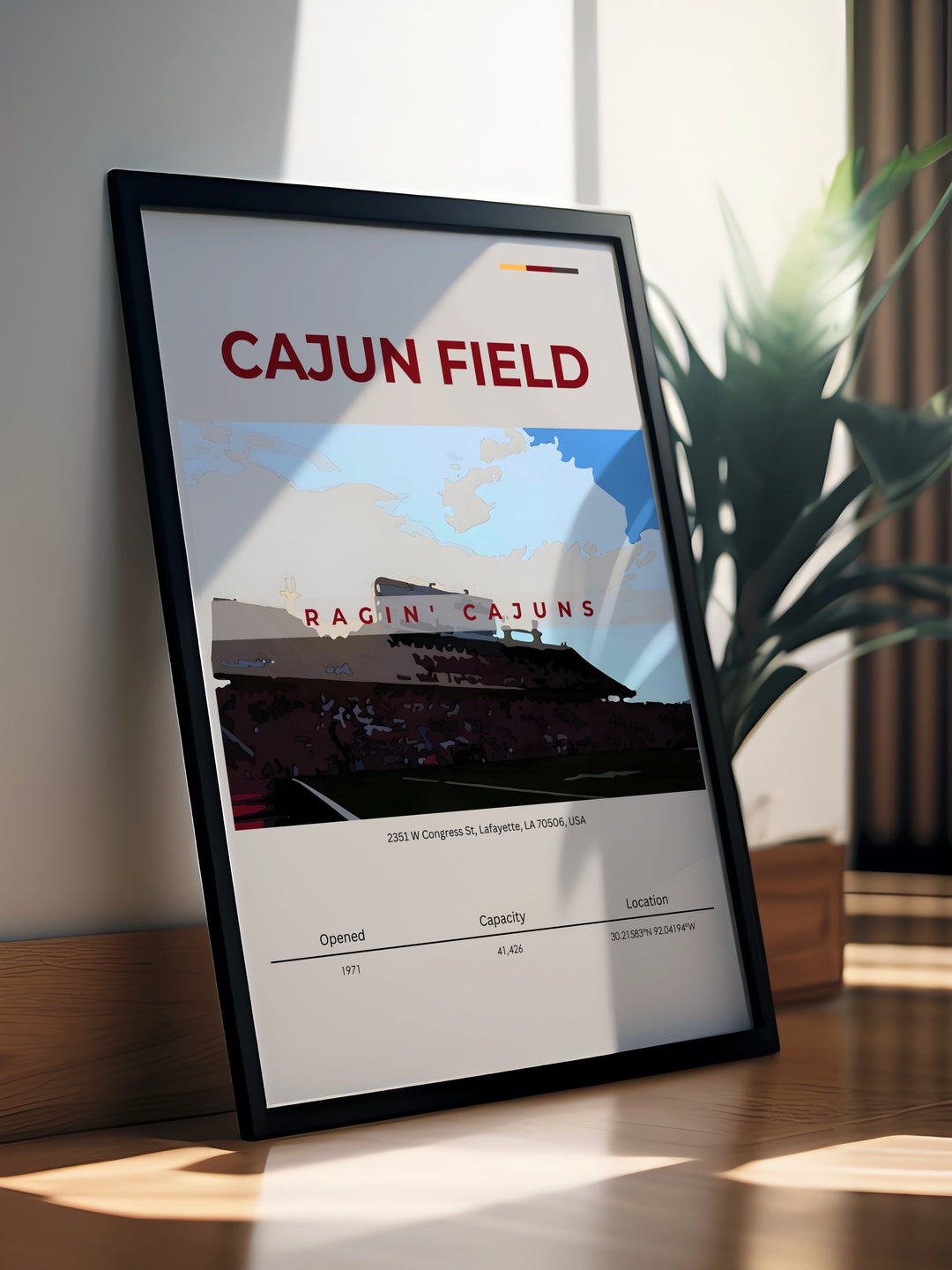 Retro Cajun Field poster highlighting Ragin Cajuns football team perfect for decorating college dorms or home spaces. This bold artwork captures the excitement of college football with stunning prints and a modern decor appeal.