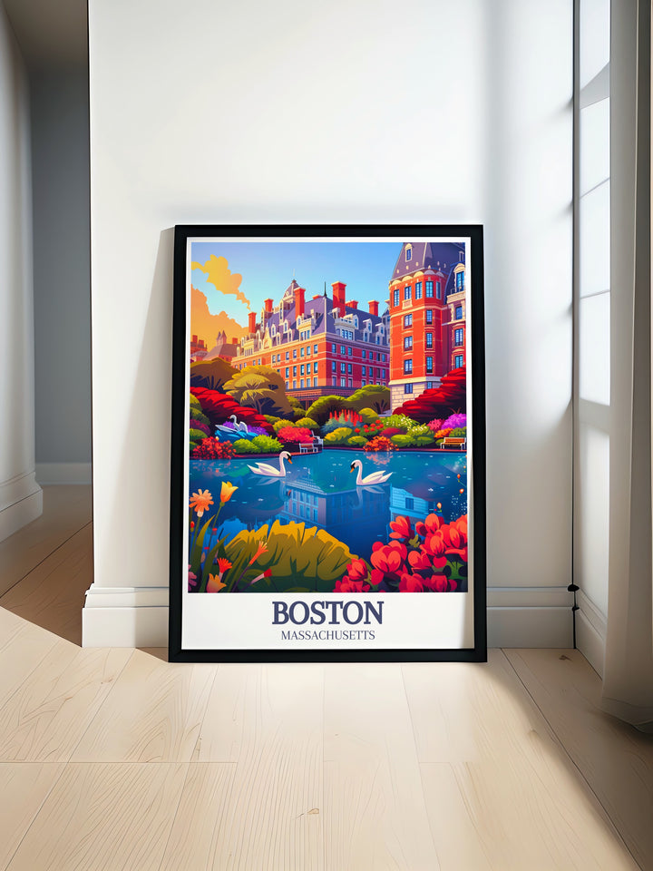 Boston Wall Art features the iconic Boston Public Garden alongside the towering buildings of Downtown. This framed art piece brings the heart of the city to life, offering a beautiful representation of Bostons most famous landmarks.