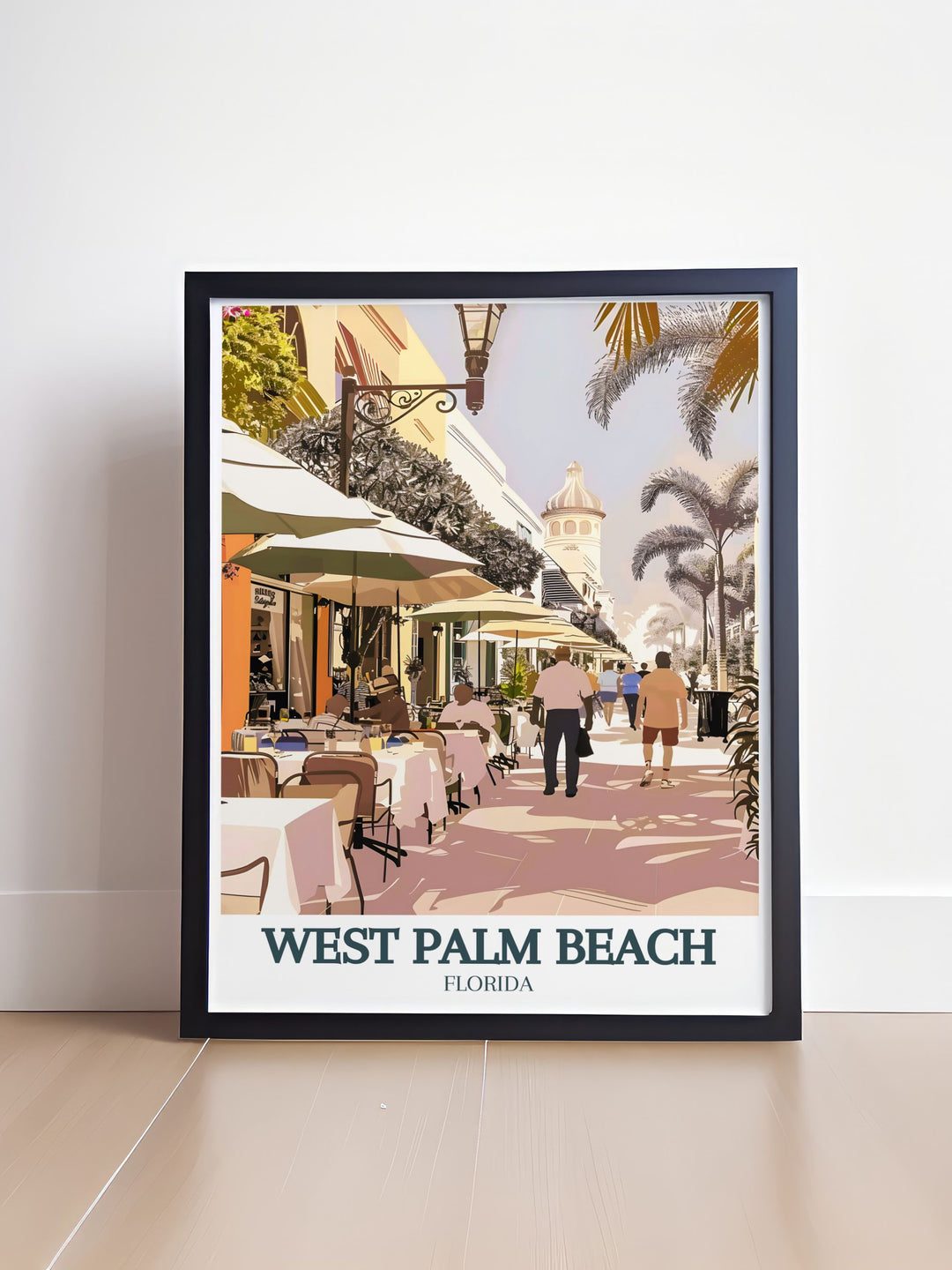 Worth Avenue modern decor featuring a view of Downtown Palm Beach this Florida travel art captures the charm of the area with palm lined streets and luxurious architecture a great Florida wall art addition for any home office or gift