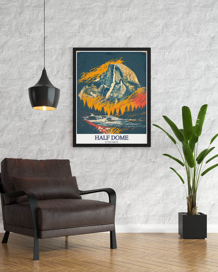 Highlighting the grandeur of Yosemites Half Dome and Yosemite Falls, this canvas art is perfect for anyone with a love for Americas national parks. This travel poster is the ideal way to remember your trip to Yosemite or inspire future adventures.