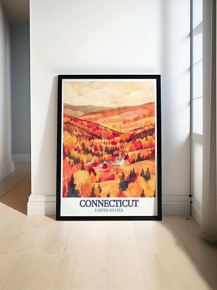 Connecticut art print featuring Bridgeport and Litchfield Hills New England town showcasing the beauty of Connecticut through stunning prints ideal for modern home decor travel poster prints and personalized gifts for all occasions including birthday and anniversary gifts.