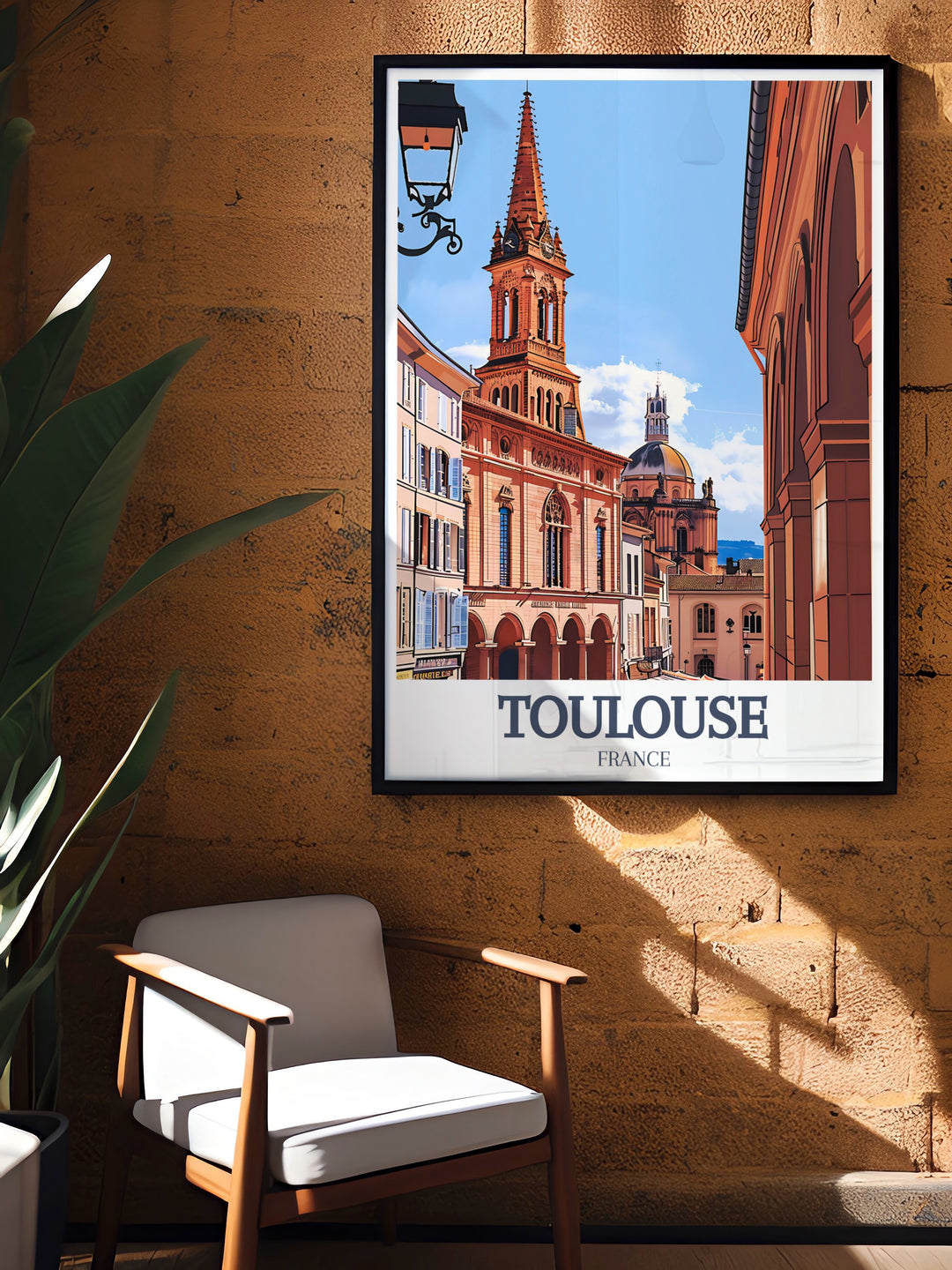 Toulouses Place du Capitole and Basilica of Saint Sernin are beautifully captured in this travel poster, highlighting the citys rich architectural history. Ideal for anyone who loves France, this framed print is perfect for adding a touch of Toulouses elegance to your home.