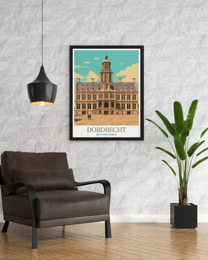 City Hall of Dordrecht is featured in this Netherlands travel poster, offering a glimpse into the citys enduring architectural legacy. This detailed print is perfect for those who appreciate European history and want to bring a piece of the Netherlands into their home.