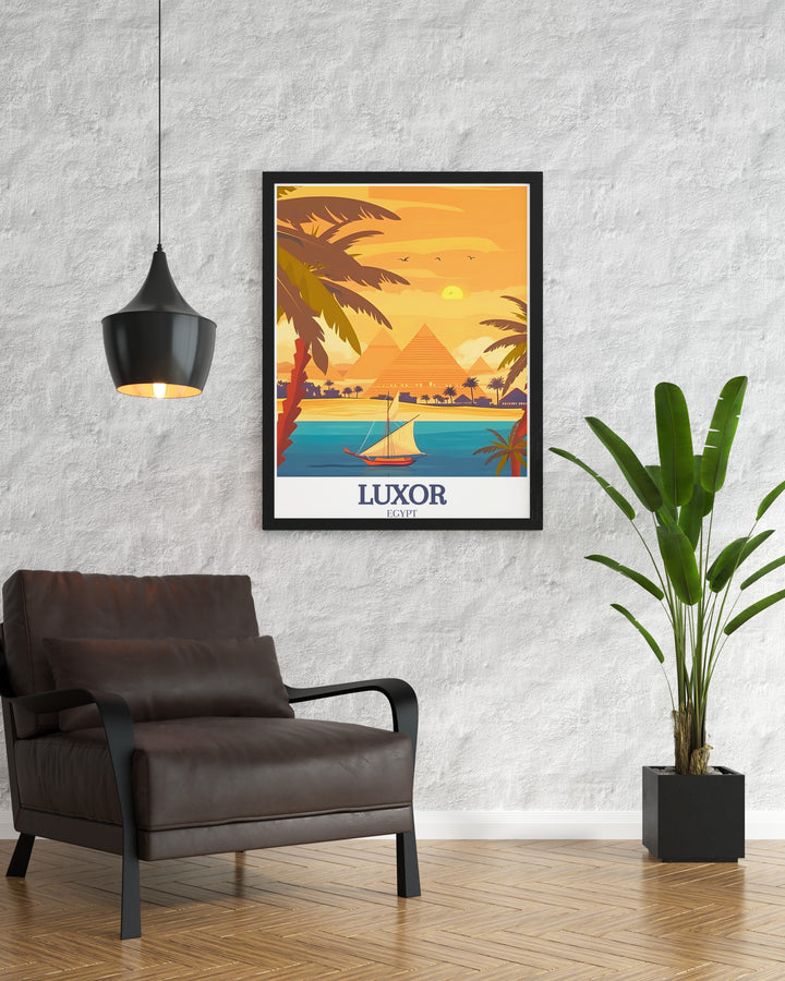 Luxor decor print featuring the Pyramids of Giza and Nile River ideal for modern home decor this stunning art print brings the majesty of Egypt into your living space