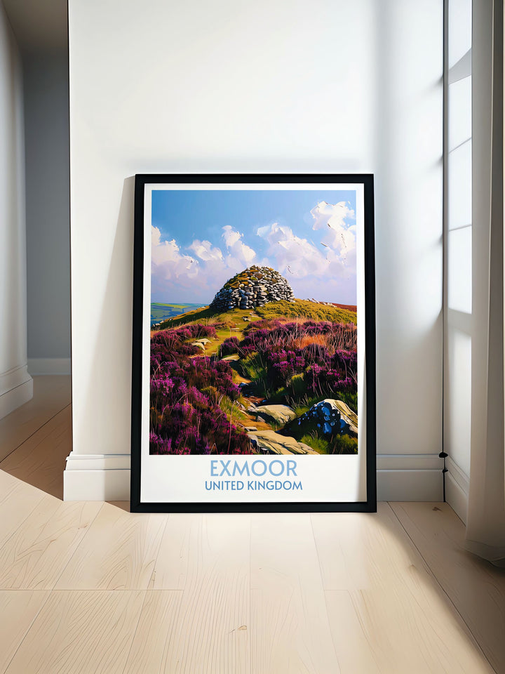 Exmoor National Park and Dunkery Beacon poster print featuring the iconic landscapes of Somerset and Devon perfect for adding a touch of rustic charm and natural beauty to your living room décor ideal for those who love vintage travel art and nature inspired prints.