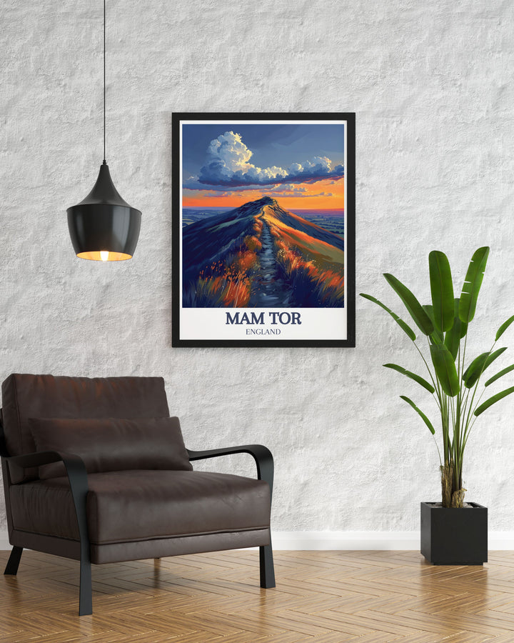 Vintage travel print of Mam Tor Ridge walk depicting the Great Ridge peaks and Hollins Cross with detailed artistry ideal for home decor or as a special gift for those who enjoy nature and hiking