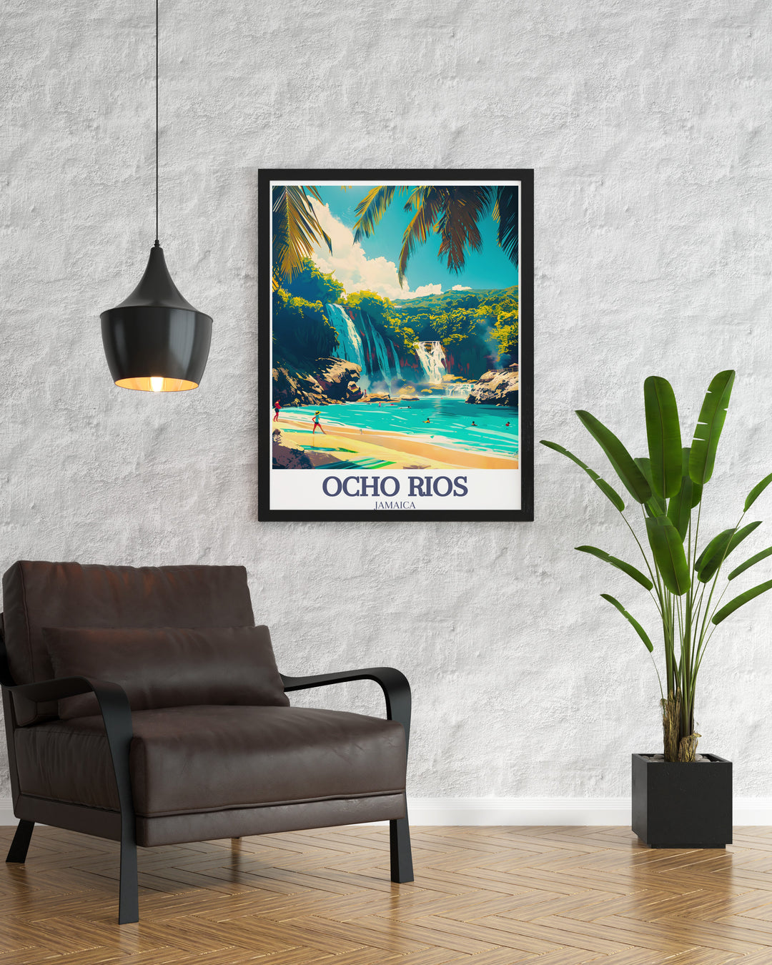 Elevate your decor with this canvas art of Ocho Rios, featuring the tranquil beaches and the majestic Dunns River Falls that define this Jamaican paradise. The vivid portrayal of this Caribbean gem adds a splash of color and relaxation to any room, making it an inviting focal point.