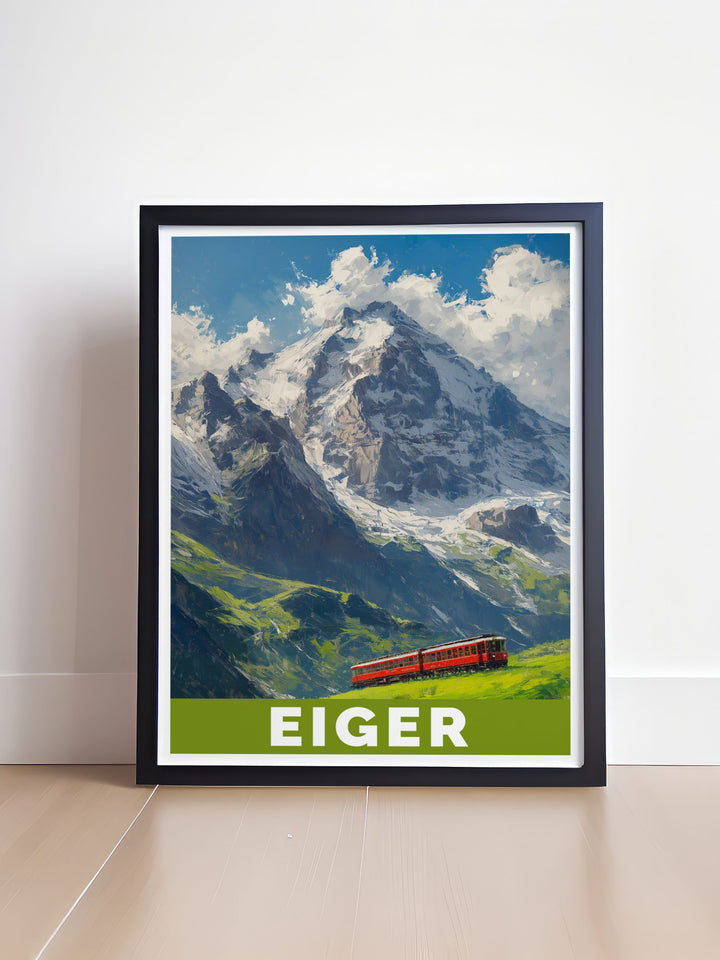 Retro travel print of Eiger North Face showcasing the iconic mountain peak in Switzerland ideal for those who appreciate vintage aesthetics and wish to add a touch of alpine charm to their living spaces with high quality wall art and posters.