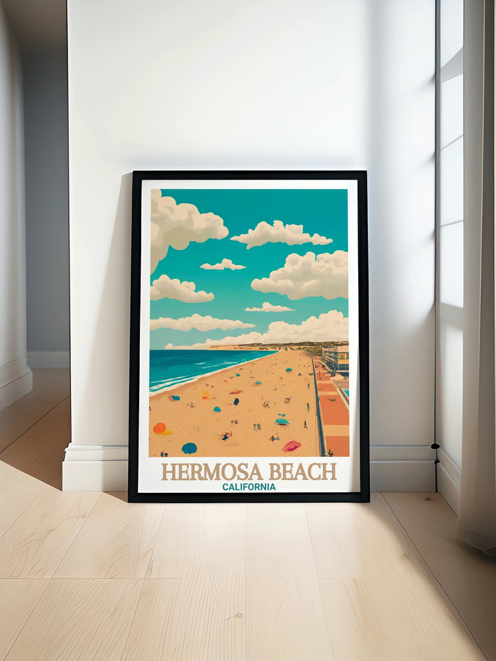 A beautiful poster print of Hermosa Beach and The Strand, showcasing the vibrant boardwalk and sandy beaches. This travel poster brings the charm of Californias coast into your home, perfect for beach lovers looking to capture that iconic Hermosa vibe.