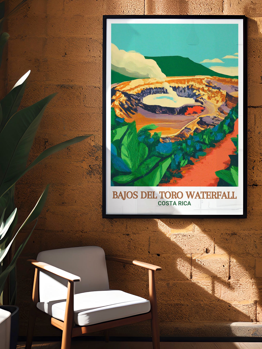 A captivating print of Bajos del Toro Waterfall in Costa Rica showcasing the waterfalls powerful flow and the surrounding lush greenery. This high quality artwork is perfect for adding a touch of tropical serenity to any living space.