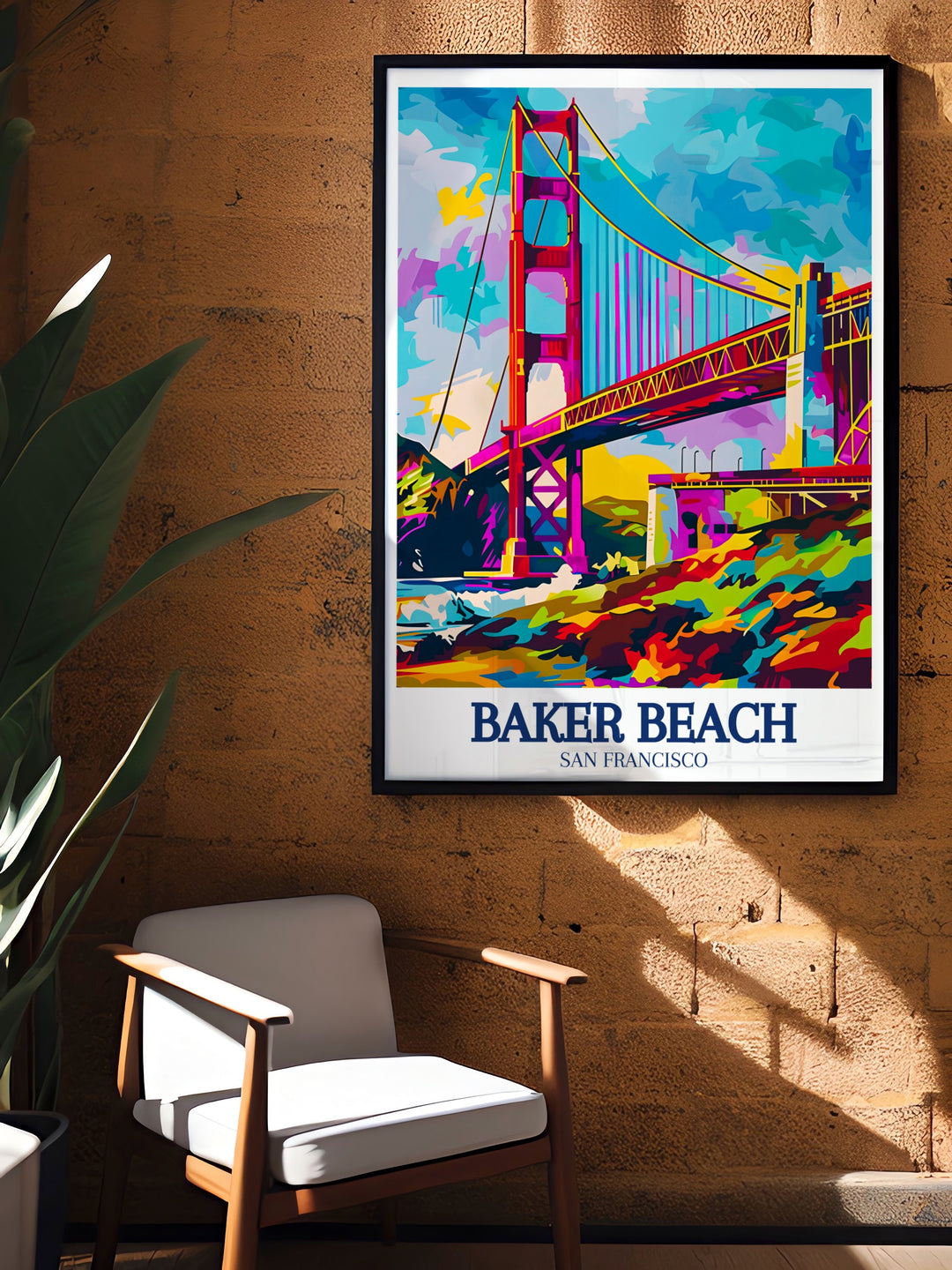 Golden Gate Bridge Wall Art depicting the majestic Golden Gate Bridge spanning the entrance to San Francisco Bay. The artwork captures the grandeur and elegance of this world famous landmark, offering a captivating view for those who love architecture and Californias beauty