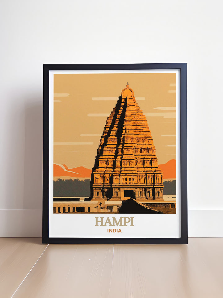 Travel poster of Virupaksha Temple in Hampi, showcasing the serene landscapes and ancient structures. This elegant print captures the timeless beauty of Hampi, making it a perfect gift for history and art enthusiasts.