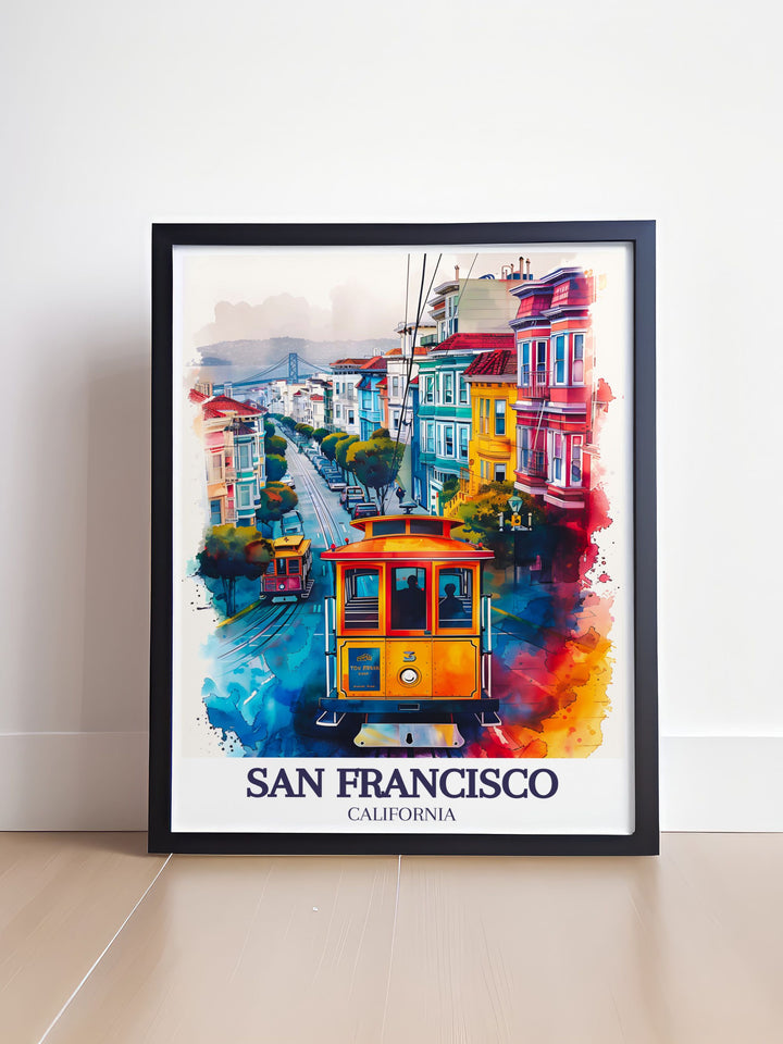 A vibrant depiction of San Franciscos Taylor Street with its steep hills leading to the Golden Gate Bridge, capturing the essence of the citys urban landscape and iconic structures. Perfect for fans of West Coast travel art.