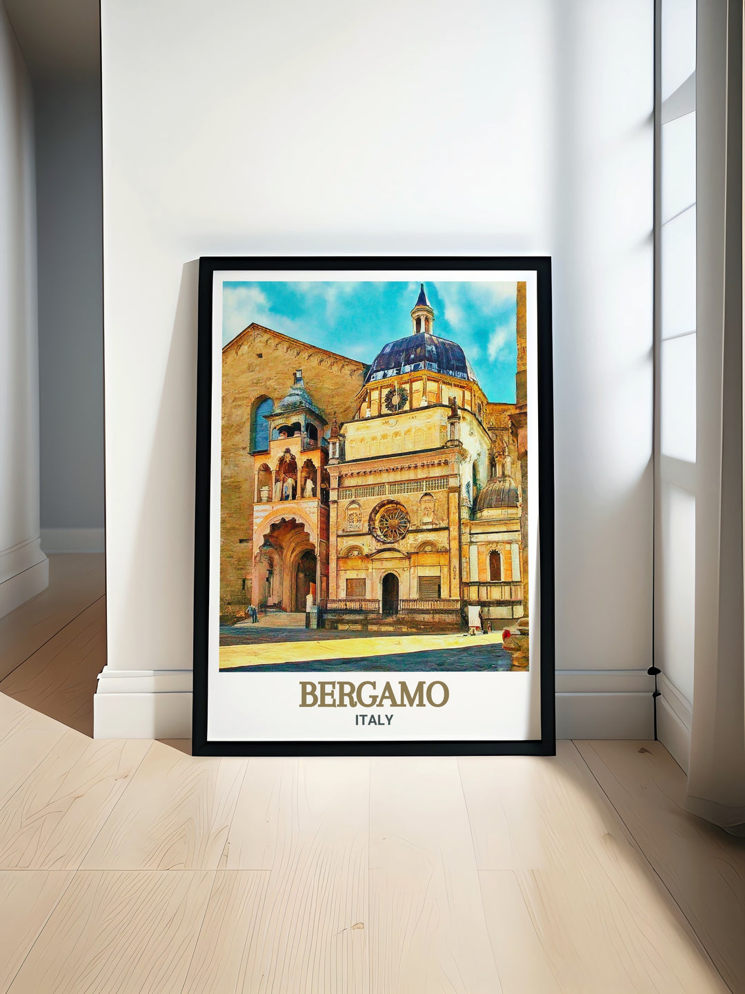 Elegant travel poster of Basilica di Santa Maria Maggiore, Bergamo. Capturing the timeless beauty and cultural significance of this famous landmark. Ideal for decorating your home or office. High quality print with intricate details and vibrant colors.