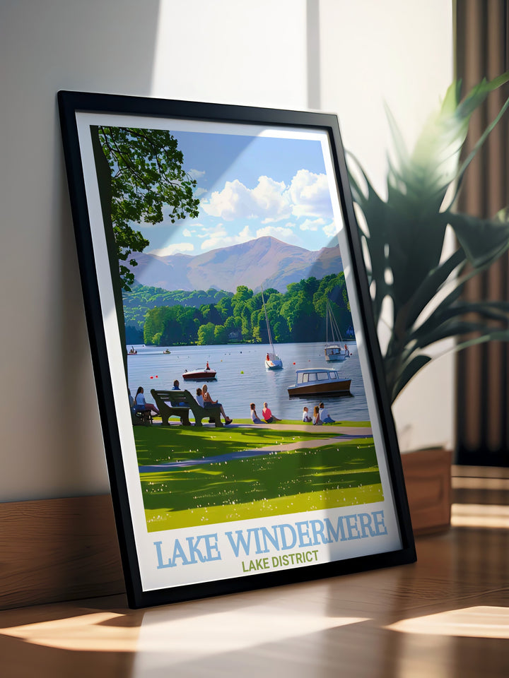 Lake Windermere and Fell Foot Park come together in this stunning vintage poster, showcasing the timeless beauty of Cumbrias Lake District. This travel print is perfect for those who love the outdoors and want to bring a scenic landscape into their home decor.