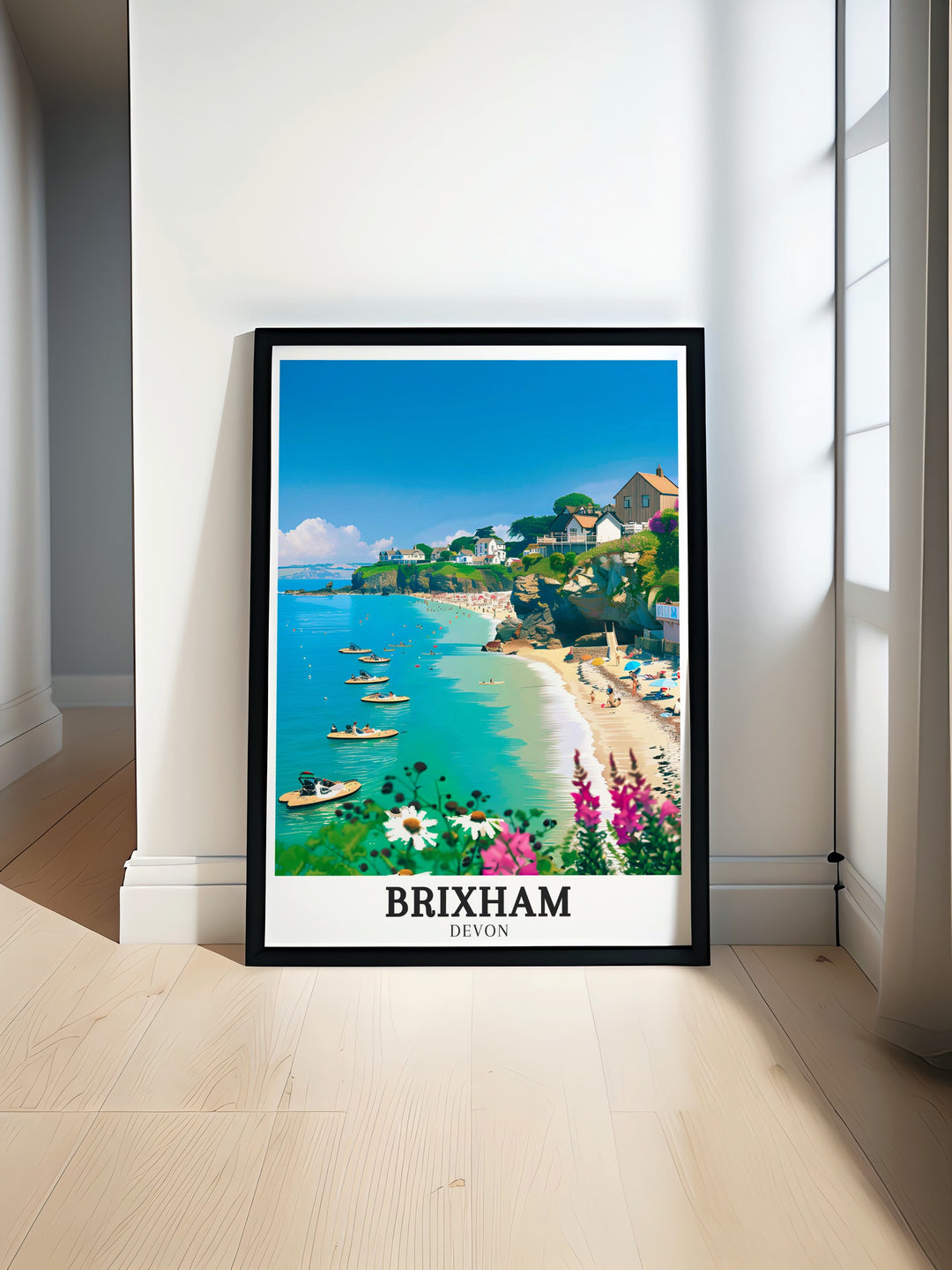 The peaceful harbor of Brixham Beach is beautifully displayed in this wall poster, perfect for anyone seeking a daily escape into the tranquility of Englands seaside towns.