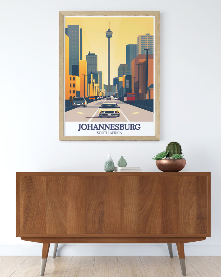 This Johannesburg poster print highlights the famous Hillbrow Tower and Carlton Centre, bringing the citys vibrant skyline to life. Ideal for fans of modern architecture, this travel print offers a stylish addition to any home or office space.