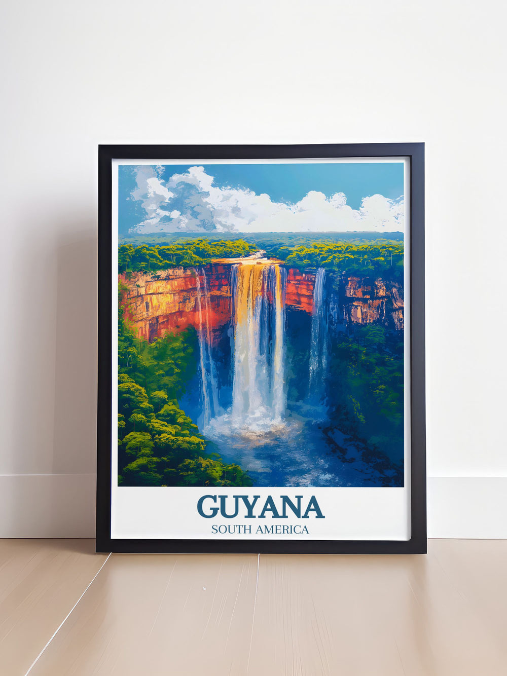 Showcasing the lush greenery and vibrant ecosystem of Guyanas Amazon basin, this travel poster highlights the rich biodiversity and stunning landscapes, ideal for nature lovers.